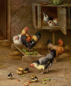 Chasse les poulets et les lapins d’Edgar Chicks dans un clapier 1925 Peinture à l'huile